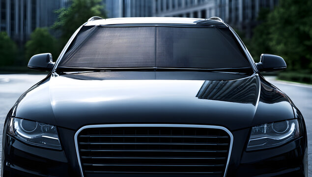 The sunshade for the windshield of a black vehicle, viewed frontally.