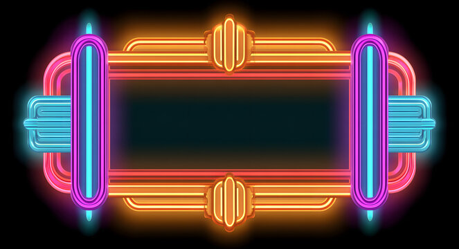 A vintage art deco neon marquee sign, devoid of text, against a clear backdrop