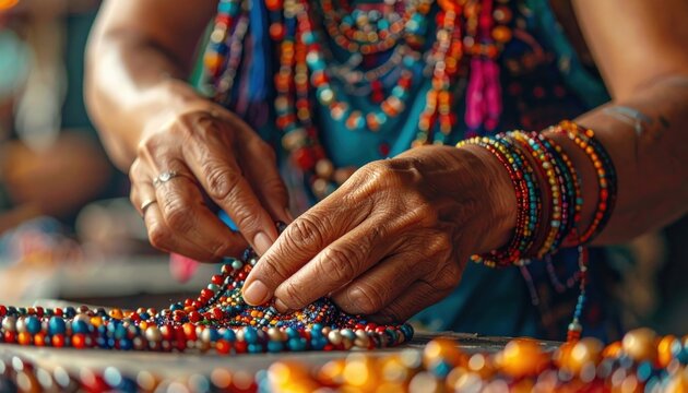 Artisan hands meticulously stringing colorful beads to create intricate handmade jewelry, showcasing detailed craftsmanship and vibrant designs.