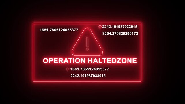 Futuristic neon red digital warning interface displaying operation halted zone text with dynamic changing data coordinates and hazard alert symbol for cyber security, sci-fi technology, and system