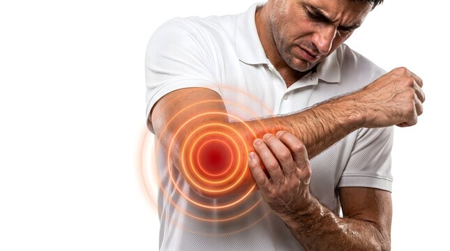 Man suffering from acute elbow joint pain with red circle highlighting inflammation
