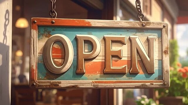 A rustic wooden sign hanging in a shop window entrance
