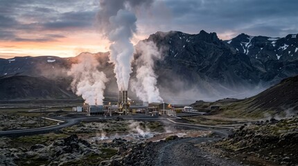 Fototapeta premium Geothermal Power Plant Generating Steam in Mountainous Landscape During Sunrise