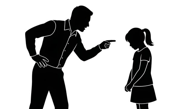 Silhouette of angry father scolding and pointing finger at sad guilty daughter isolated on white background