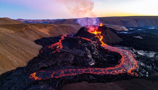 Fiery lava flow from a volcanic eruption cools and solidifies on a planetary surface, creating intricate cooling patterns.