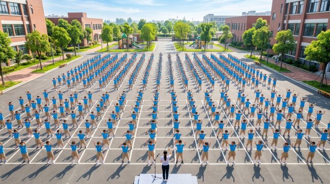 Large Group of Students Performing Synchronized Exercises in School Courtyard