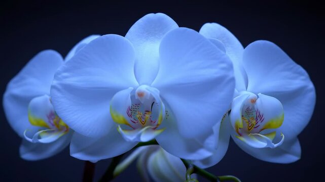 Close-up of elegant white orchids with yellow centers and speckled details, set against a dark, moody background, evoking tranquility and natural beauty