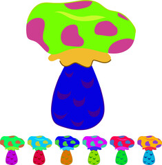 Naklejka premium Psychedelic groovy mushroom with yellow cap and purple spots, red frill and blue stem, vibrant, whimsical, retro 60s70s vector perfect for playful design projects