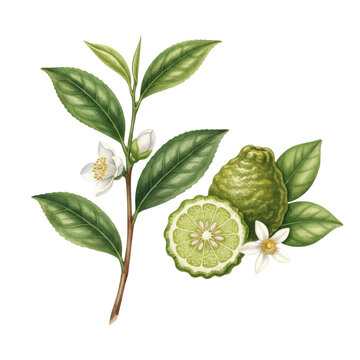Detailed watercolor botanical illustration of *camellia sinensis* with white flowers and green leaves, and *citrus bergamia* fruit and blossom, isolated on white, concept for premium product packaging