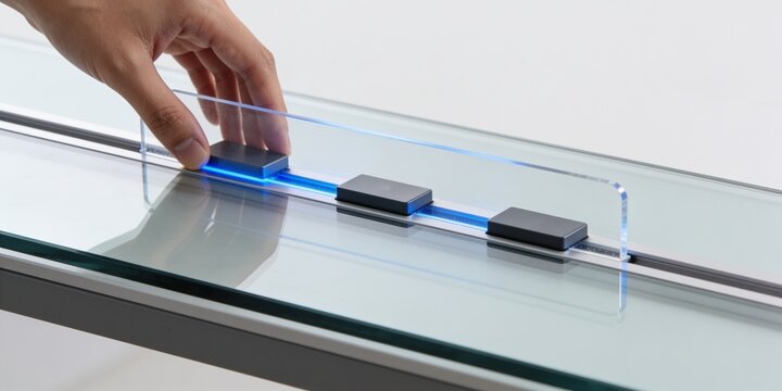 Human supervised process automation concept with hand adjusting matte control block on glass rail blue light technology background and clean copy space