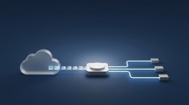 Cloud data routing gateway with glowing packet flow and three controlled connection paths on dark blue corporate technology background