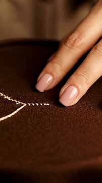 Person hands sewing white thread into dark fabric.