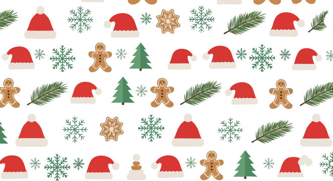 Seamless Christmas Pattern With Snowflakes Gingerbread Cookies Red Santa Hats and Green Pine Branches on White Background