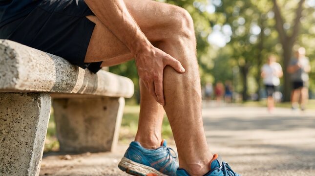 Man experiencing calf pain while sitting on a park bench, possibly due to muscle strain or injury from physical activity