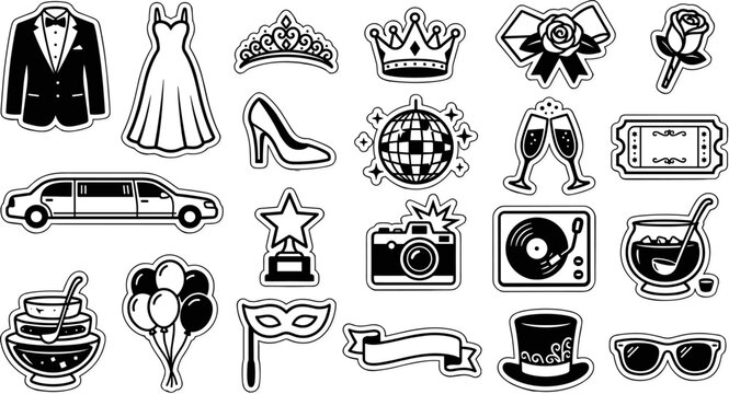 Prom Night and Elegant Party Sticker Icon Set with Tuxedo Dress Limousine Disco Ball Glasses and Celebration Symbols for Event Invitation Designs