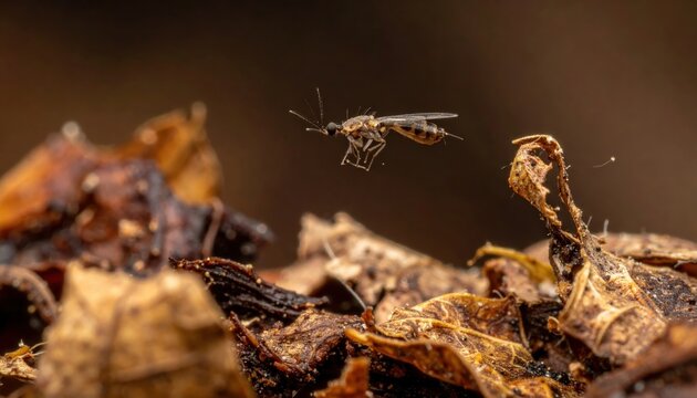 Tiny Fungus Gnat Suspended in Mid-Air Above Decaying Organic Matter Macro