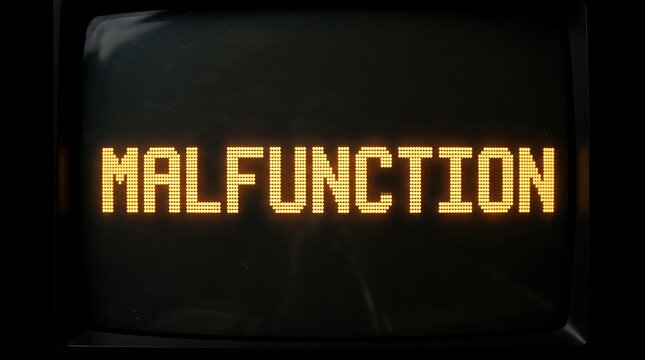 Malfunction text written in yellow digital pixel font on a dark black background.