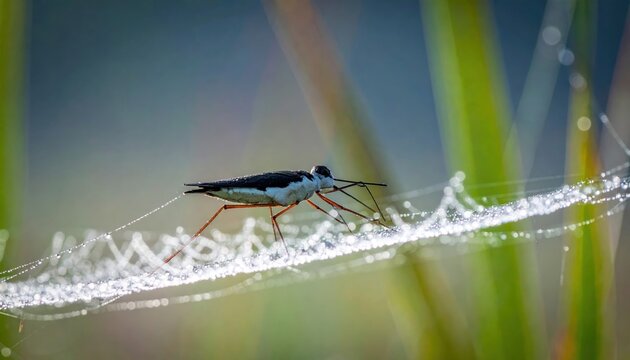 Water strider gracefully walking on dew-kissed spiderweb with morning light
