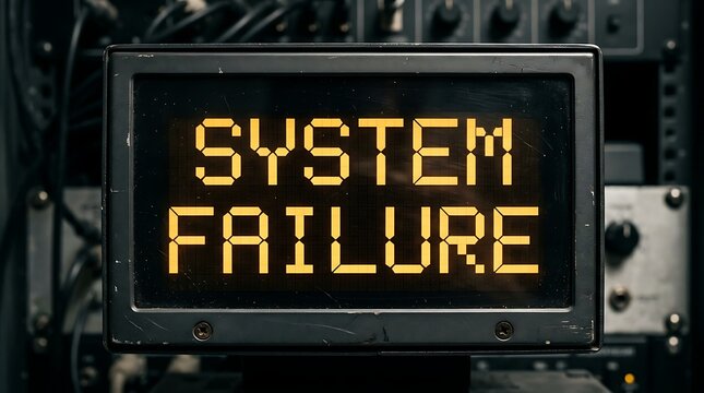System failure message displayed on a retro computer screen with dark digital background.