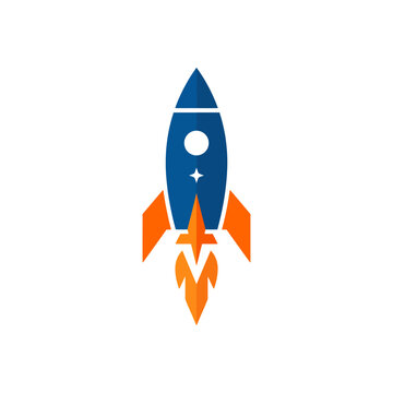 🚀 A stylized blue and orange rocket ship launching upwards with fiery orange flames and a small star on a white background, symbolizing speed, innovation, and space exploration