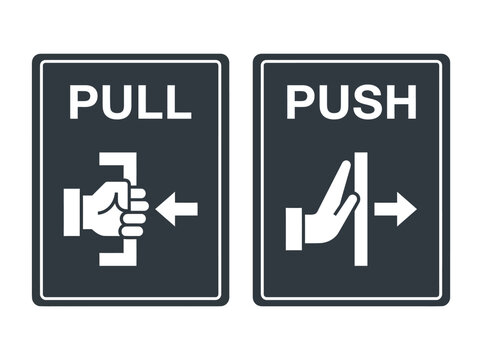 Informative graphic signs for door operation, featuring universal push and pull icons to guide access in public spaces.