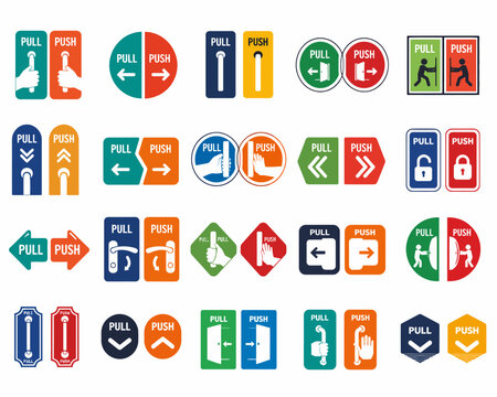 Vector set of 'Pull' and 'Push' door signs. Diverse graphic illustrations with arrows and hands for guiding movement.