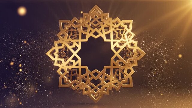 Golden intricate geometric pattern ornament rotating slowly, with glittering particles and warm sun flare, abstract background, perfect for islamic celebrations or luxury branding