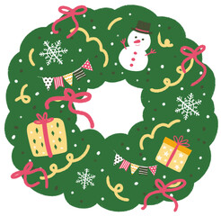 Fototapeta premium Charming Christmas wreath featuring gift boxes and winter-themed decorations. Isolated transparent illustration for Christmas projects.