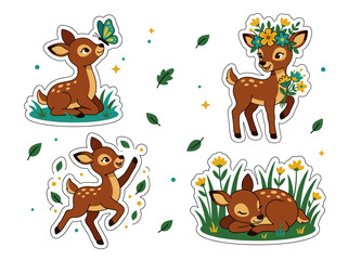 Fototapeta premium Cute Baby Deer Sticker Set, Woodland Fawn Vector Illustrations for Kids and Nursery Decor