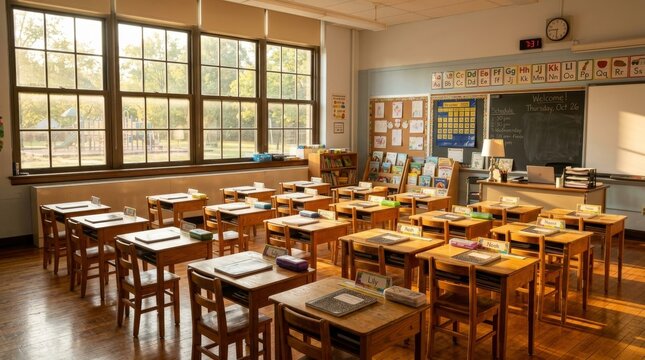 Empty Elementary School Classroom with Desks and Chairs in Natural Light