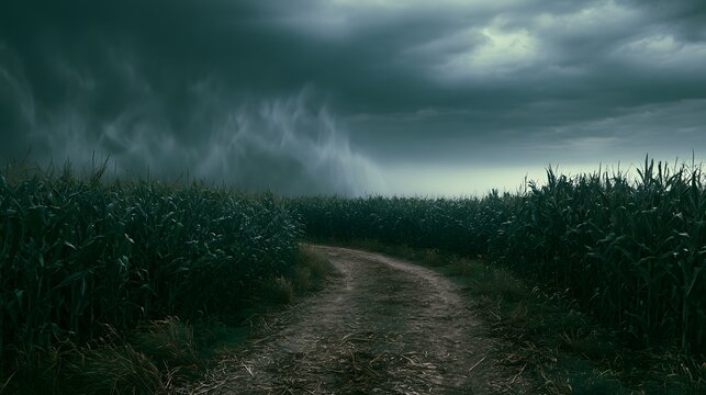 Stormy rural landscape a dirt road through cornfields under dark dramatic skies evokes peaceful resilience