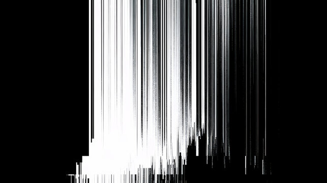 A glitch texture background in black and white with vertical lines and digital interference