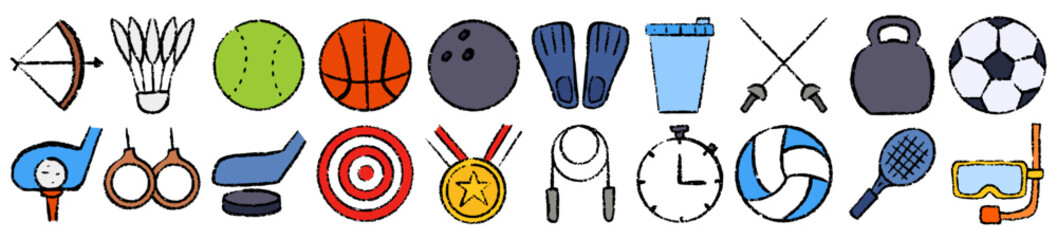 Sports equipment doodle hand drawn, fitness gear games recreation athletics sketch ink drawing, gym activity training accessories illustration vector set © Ydzv Dsgn