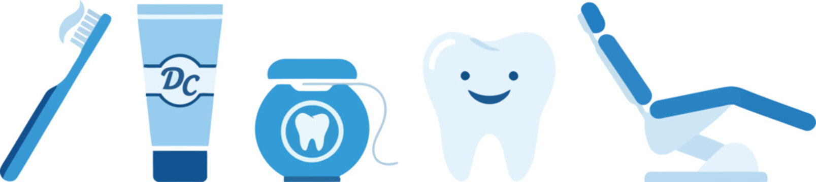 Dental Hygiene and Oral Care Icon Set with Toothbrush Toothpaste Dental Floss and Dentist Chair