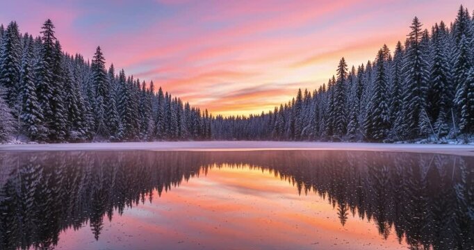 Tranquil lake scene reflecting sunset sky between evergreen trees