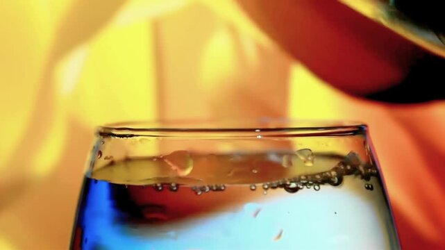 Close-up of amber liquor pouring from a glass decanter into a snifter against a warm yellow background
