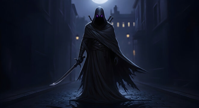 Mysterious hooded assassin with glowing eyes and sword stands ready in a dark, moonlit alleyway, exuding an aura of danger and intrigue.