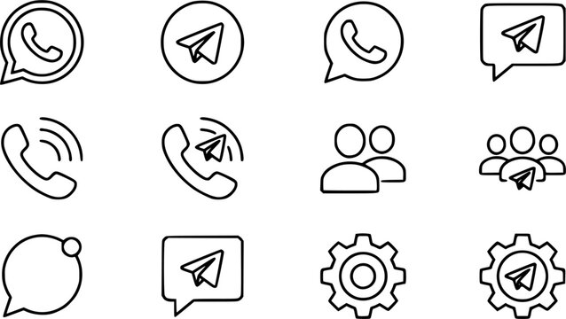 WhatsApp & Telegram Icons outline icon set, thin line art style, pure white background, 8-12 different WhatsApp & Telegram Icons designs arranged in a clean grid