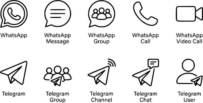 WhatsApp & Telegram Icons outline icon set, thin line art style, pure white background, 8-12 different WhatsApp & Telegram Icons designs arranged in a clean grid