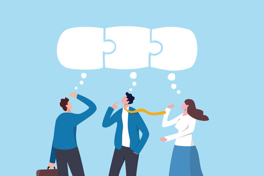Brainstorming for team success, thinking connection to solve jigsaw puzzle, get solution together for success, community team collaboration, business people team up thinking connect jigsaw together.