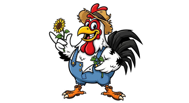 Cartoon rooster in overalls holding sunflower isolated on white background