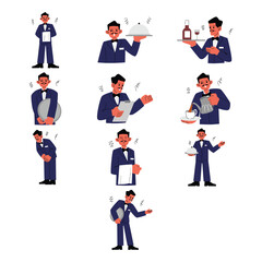 Fototapeta premium Professional Male Waiter Service Character Illustration Set