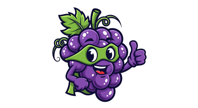 Cartoon superhero grape character giving thumbs up on white background