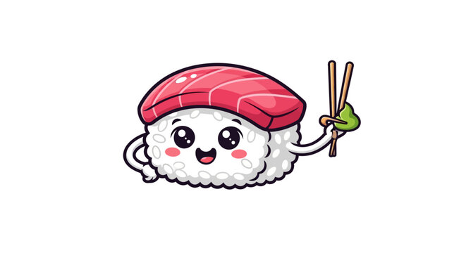 Cartoon sushi character holding chopsticks isolated on white background