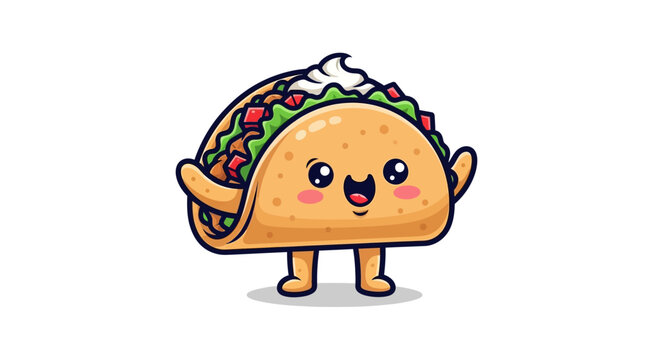 Cartoon taco character with happy expression and raised arms on white