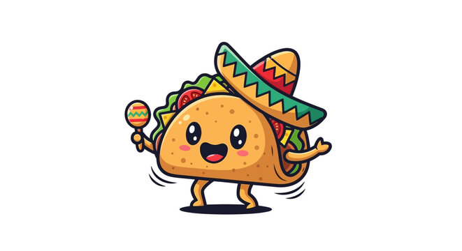 Cartoon taco character with sombrero and maraca on a white background