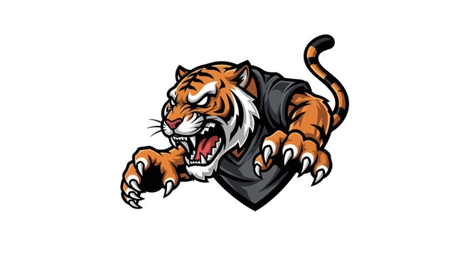 Cartoon tiger illustration in aggressive pose against white background