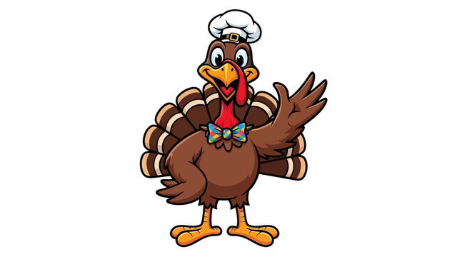 Cartoon turkey character wearing chef hat and bow tie waving isolated