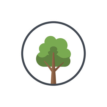 Cartoon tree icon inside a circle with green leaves and brown trunk