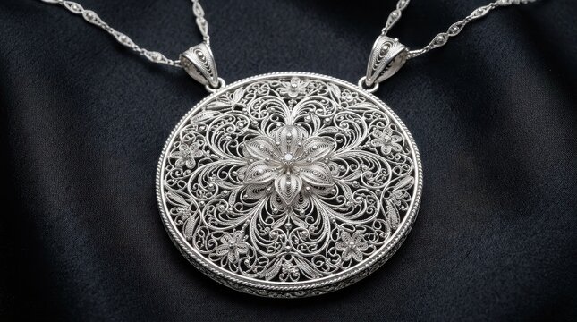 Exquisite Sterling Silver Filigree Pendant Necklace with Intricate Floral Design